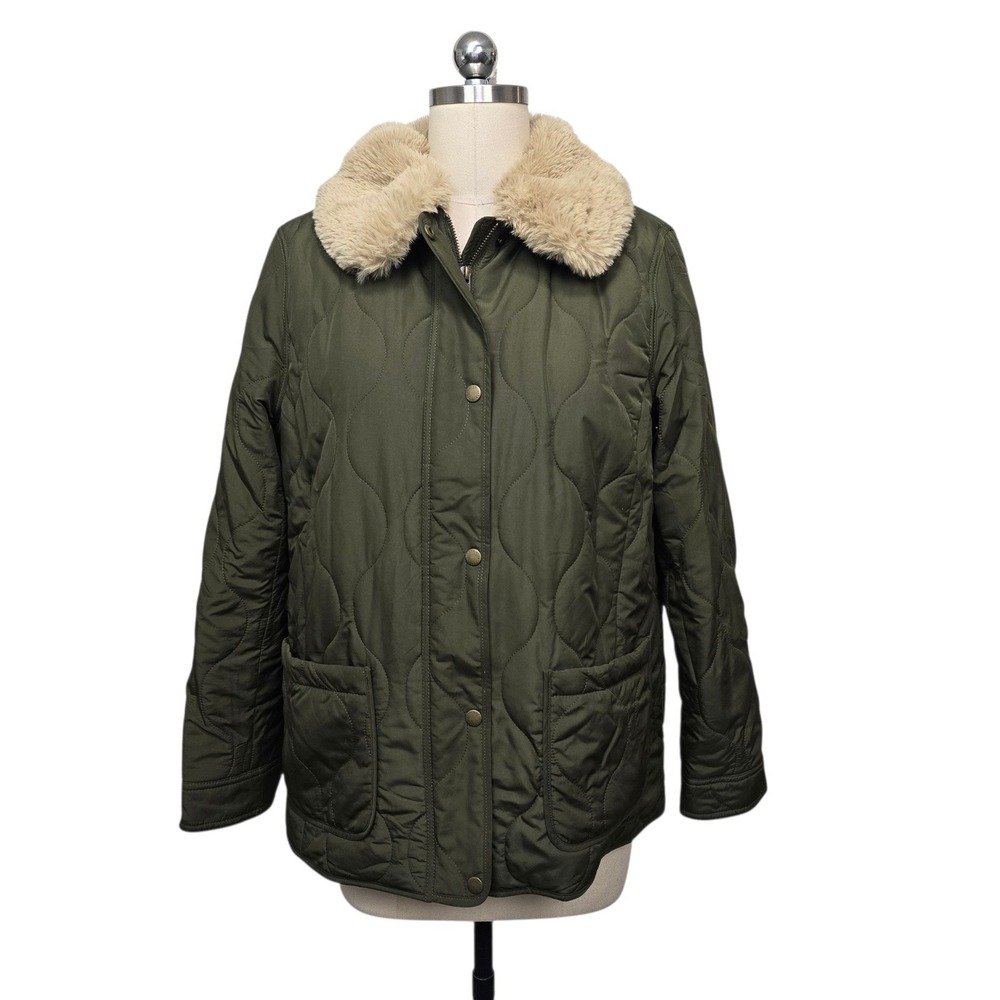 Talbots Olive Green Quilted Jacket Removable Faux Fur Collar Womens Size Medium